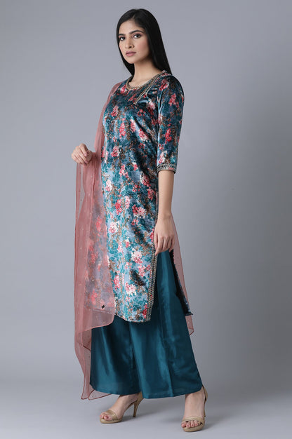 Glam Teal Printed kurta-Parallel Pants- Dupatta Set