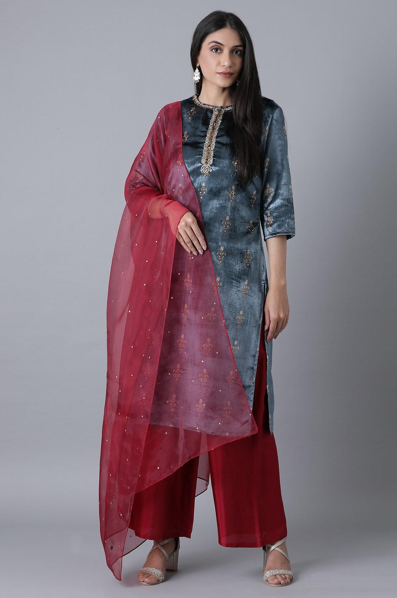 Blue Printed Velvet kurta-Parallel Pant-Dupatta Set - wforwoman