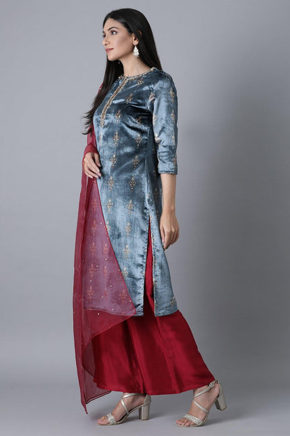 Blue Printed Velvet kurta-Parallel Pant-Dupatta Set - wforwoman