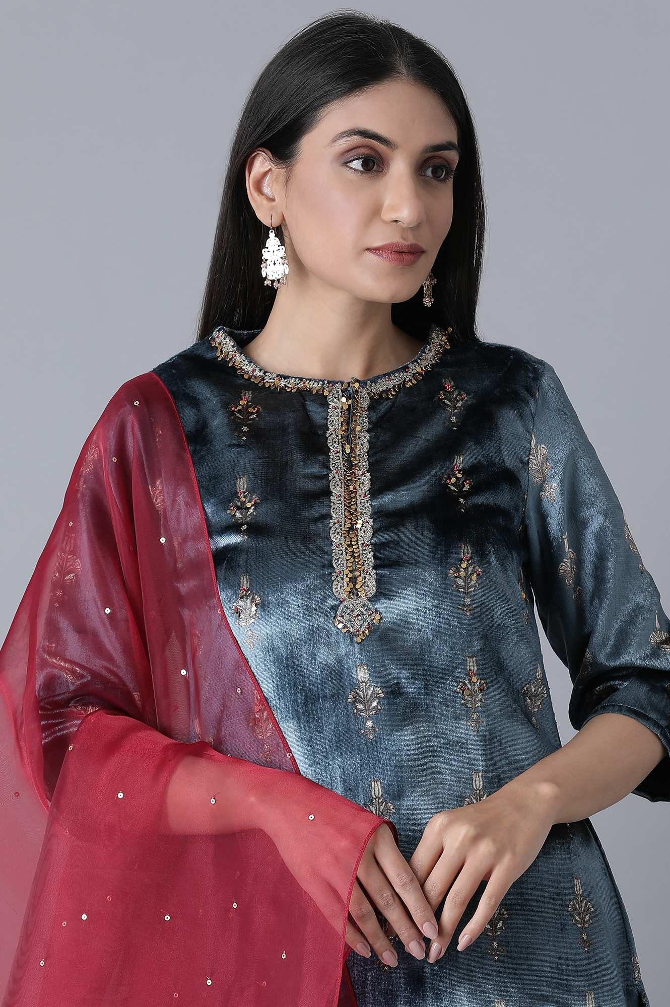 Blue Printed Velvet kurta-Parallel Pant-Dupatta Set - wforwoman