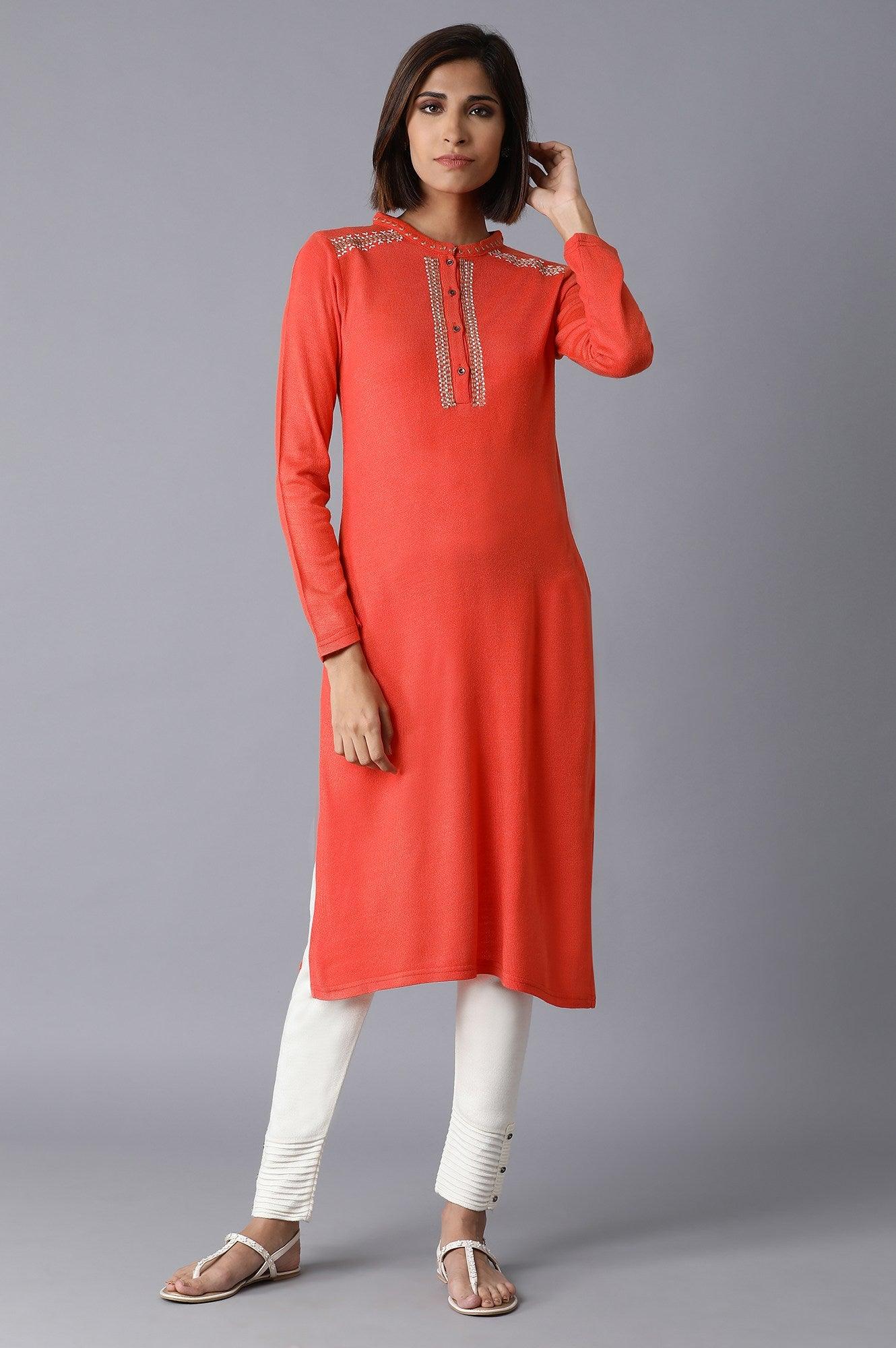 Orange Solid Acrylic kurta - wforwoman