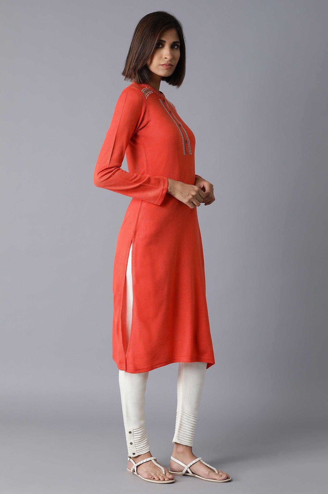 Orange Solid Acrylic kurta - wforwoman