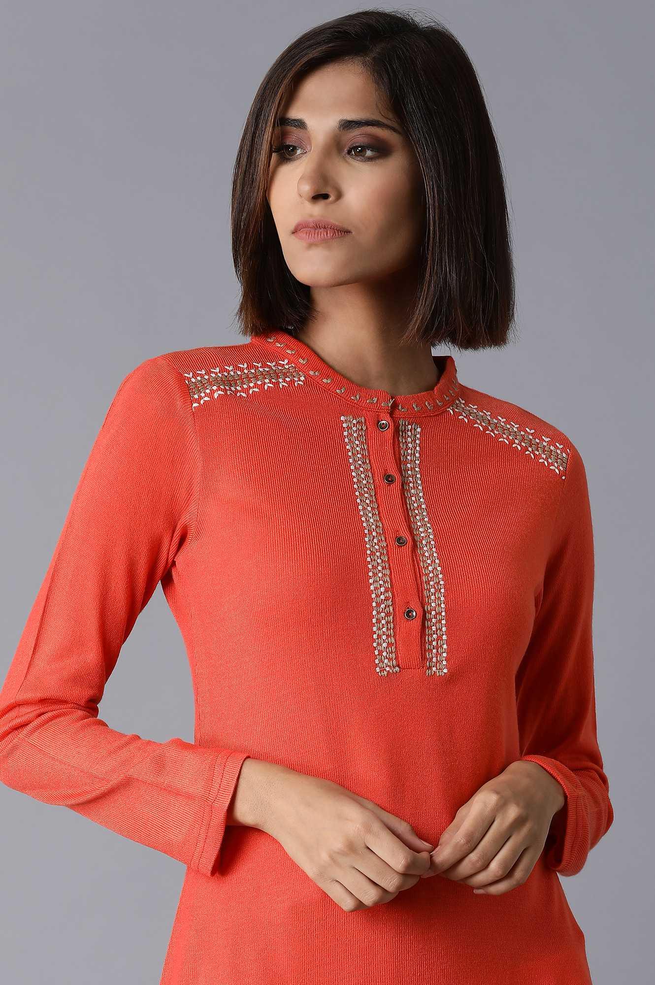 Orange Solid Acrylic kurta - wforwoman