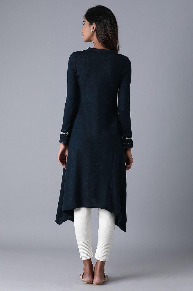 Teal Mandarin Neck Winter kurta - wforwoman