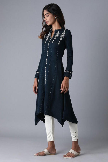 Teal Mandarin Neck Winter kurta - wforwoman