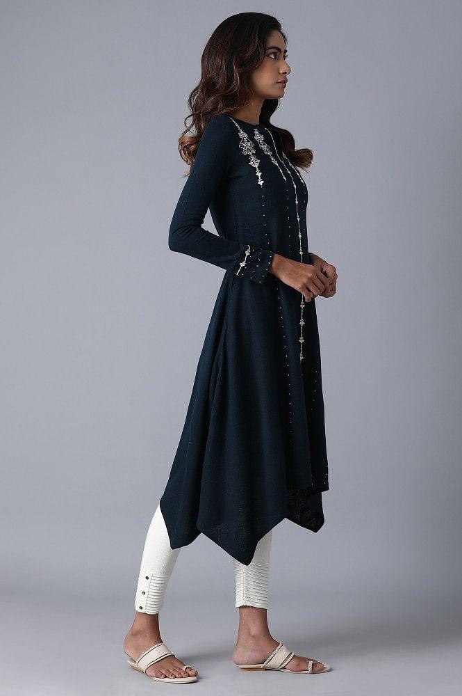 Teal Mandarin Neck Winter kurta - wforwoman