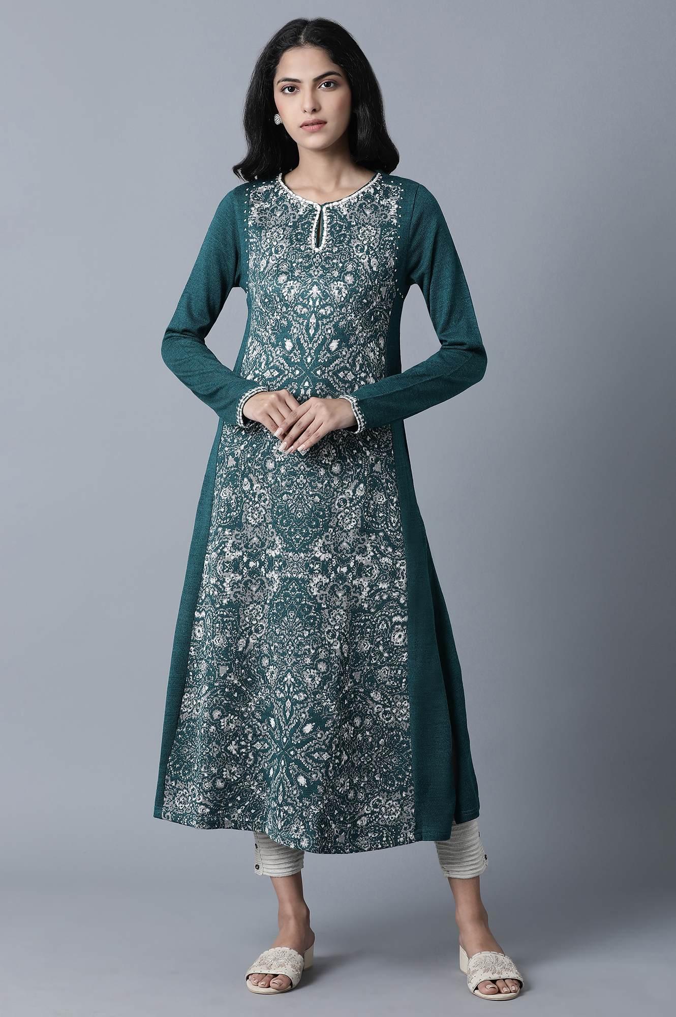 Green Floral Embroidery Winter kurta - wforwoman