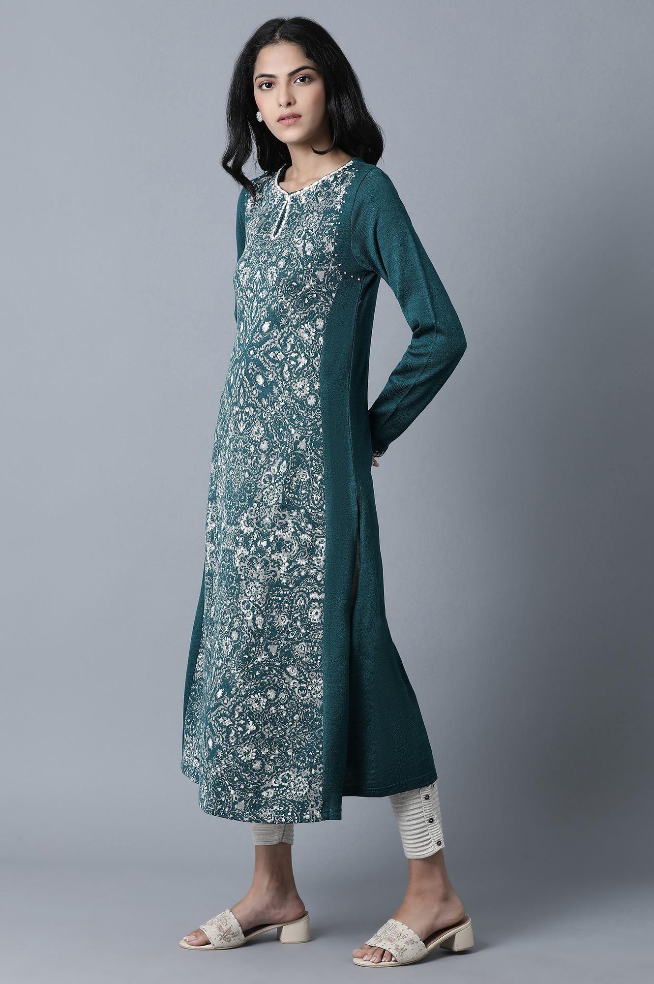 Green Floral Embroidery Winter kurta - wforwoman