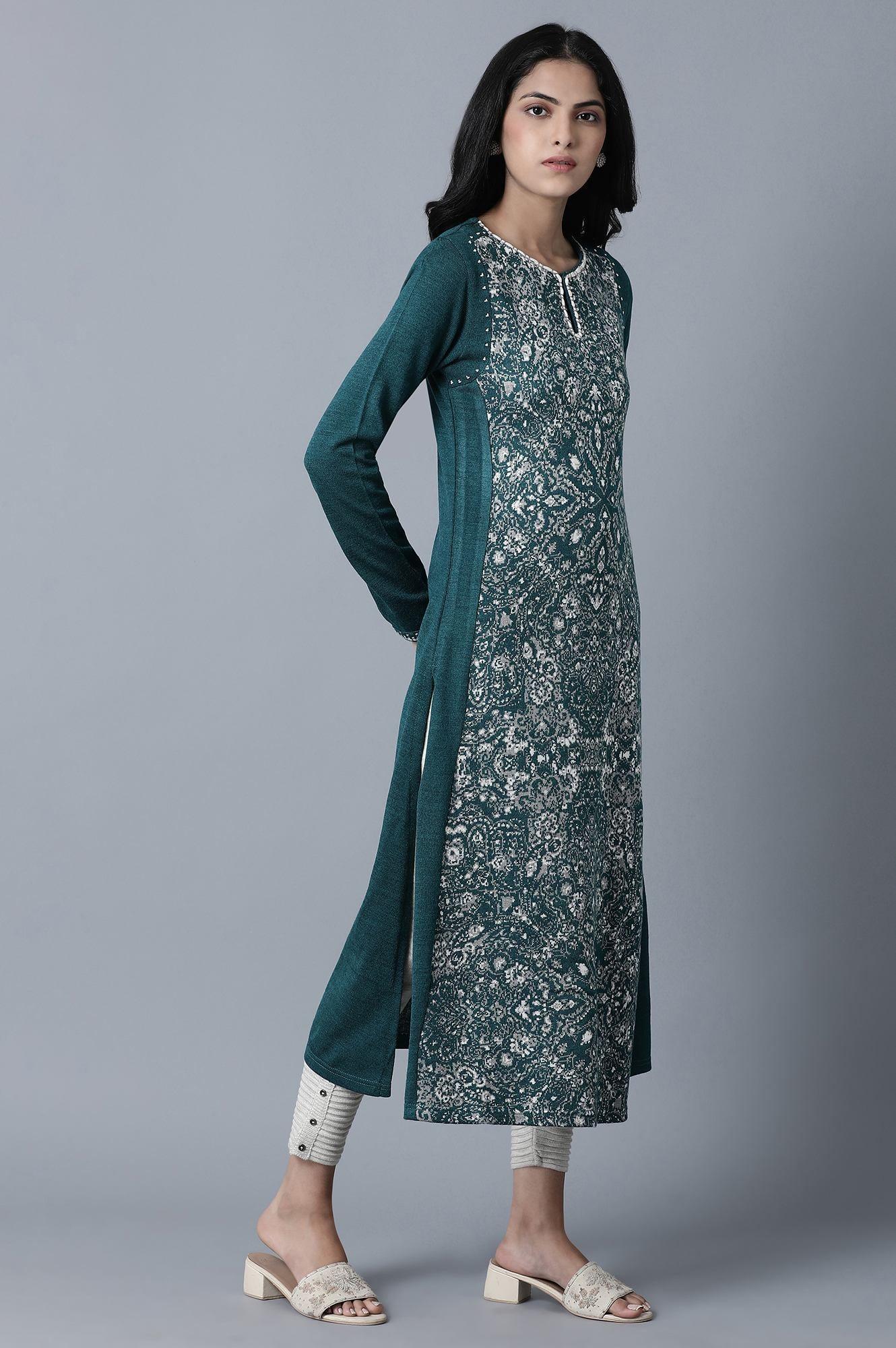 Green Floral Embroidery Winter kurta - wforwoman