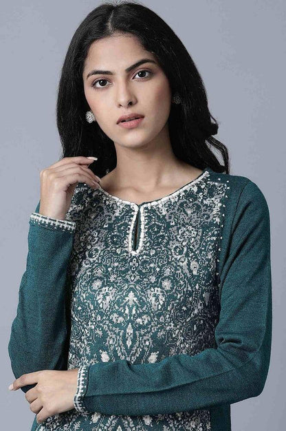 Green Floral Embroidery Winter kurta - wforwoman
