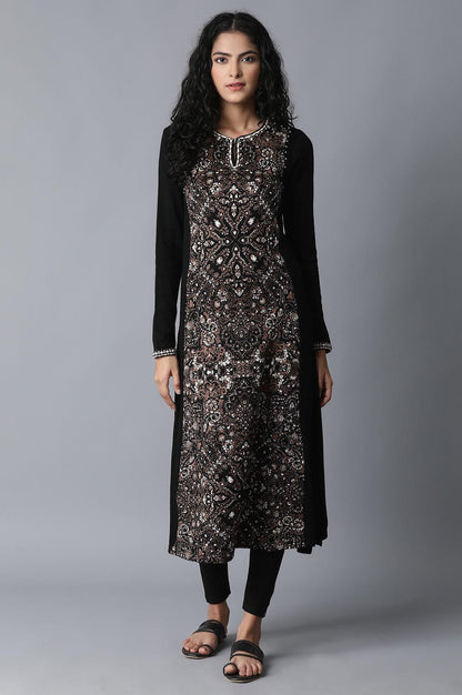 Black Floral Embroidery Winter kurta - wforwoman