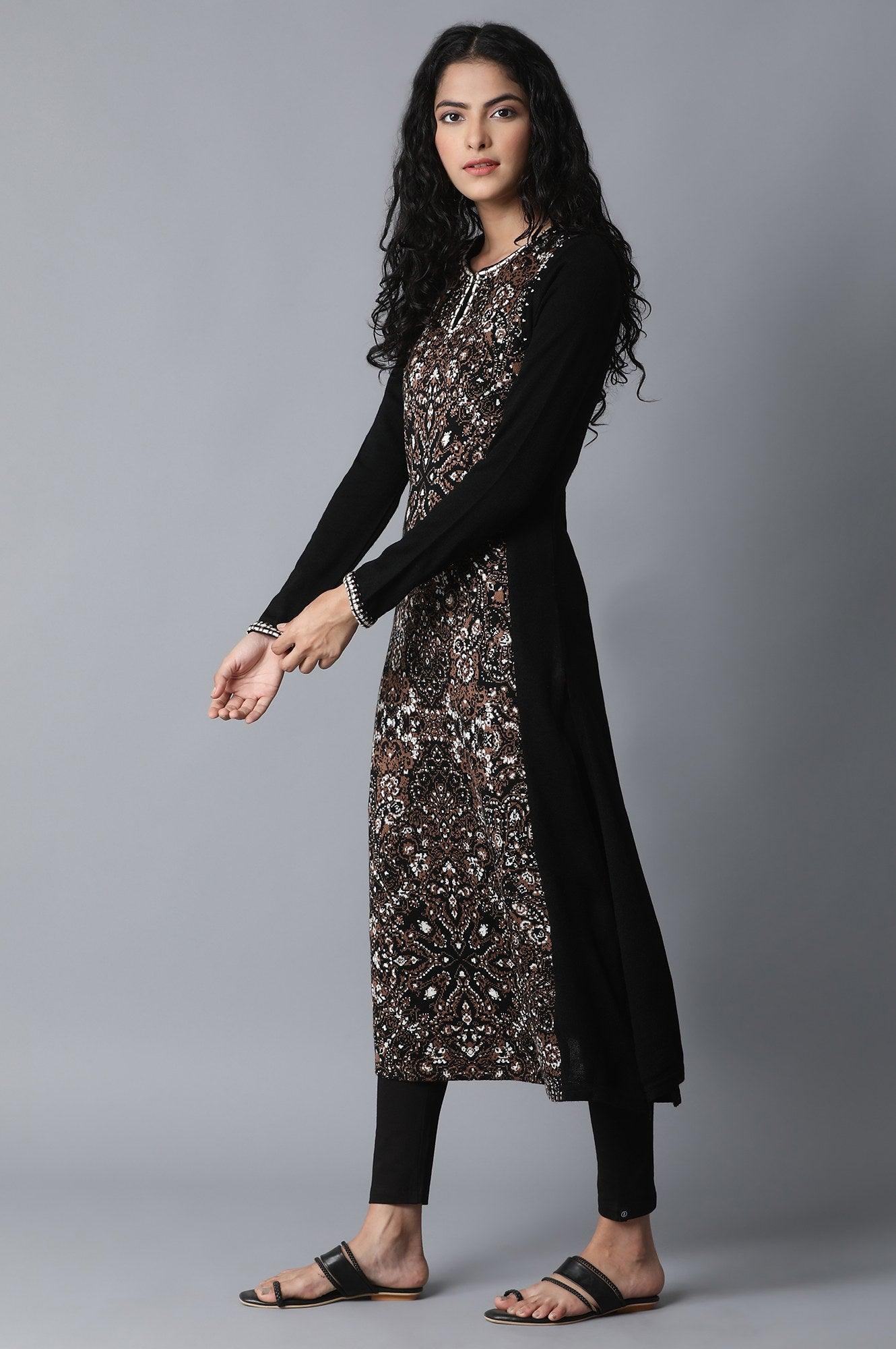 Black Floral Embroidery Winter kurta - wforwoman