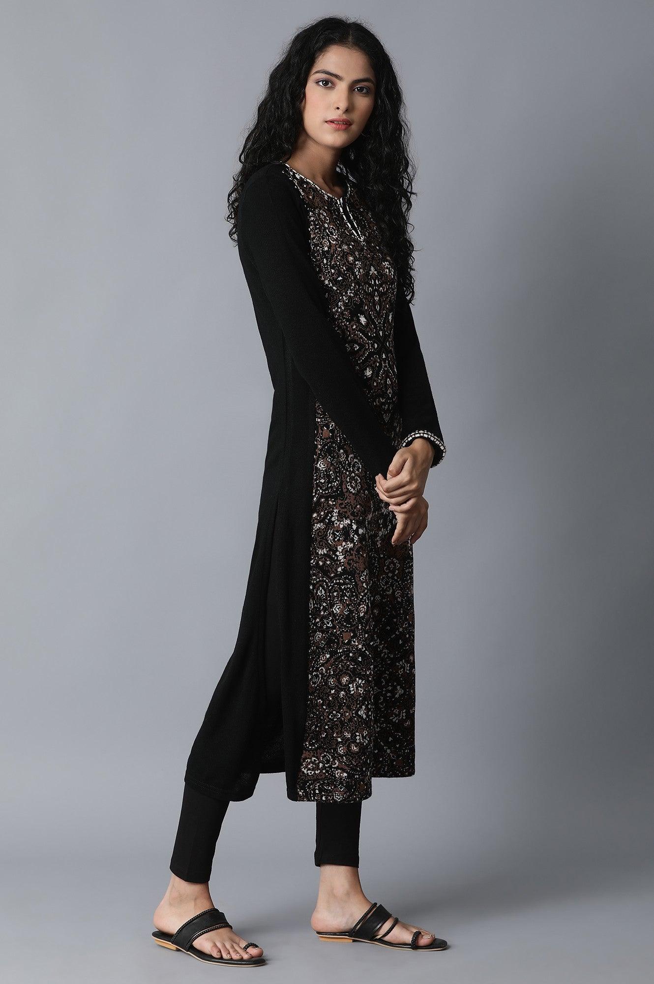 Black Floral Embroidery Winter kurta - wforwoman