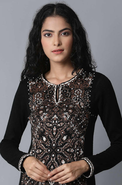 Black Floral Embroidery Winter kurta - wforwoman