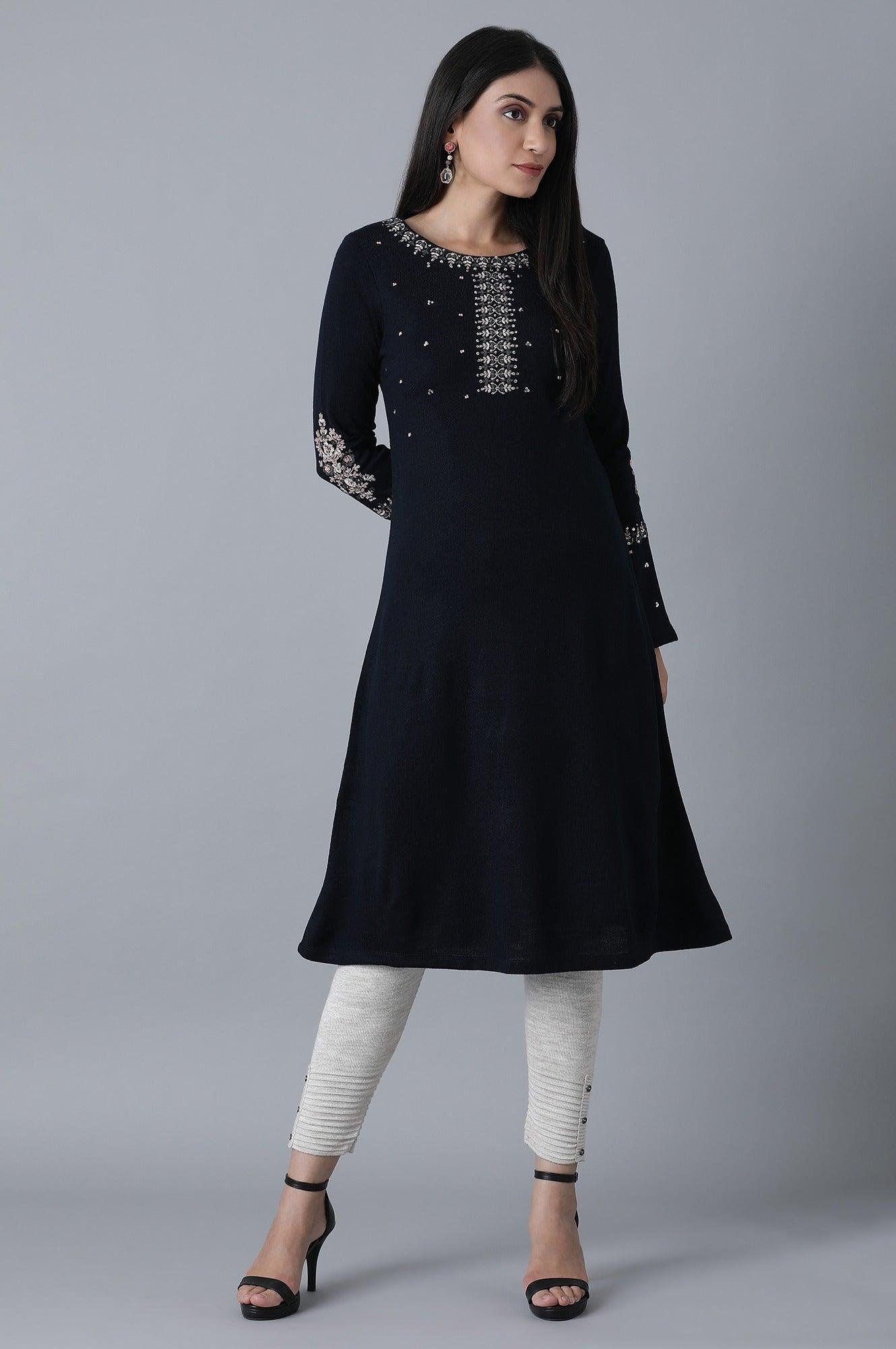 Navy Blue A-Line Winter kurta - wforwoman