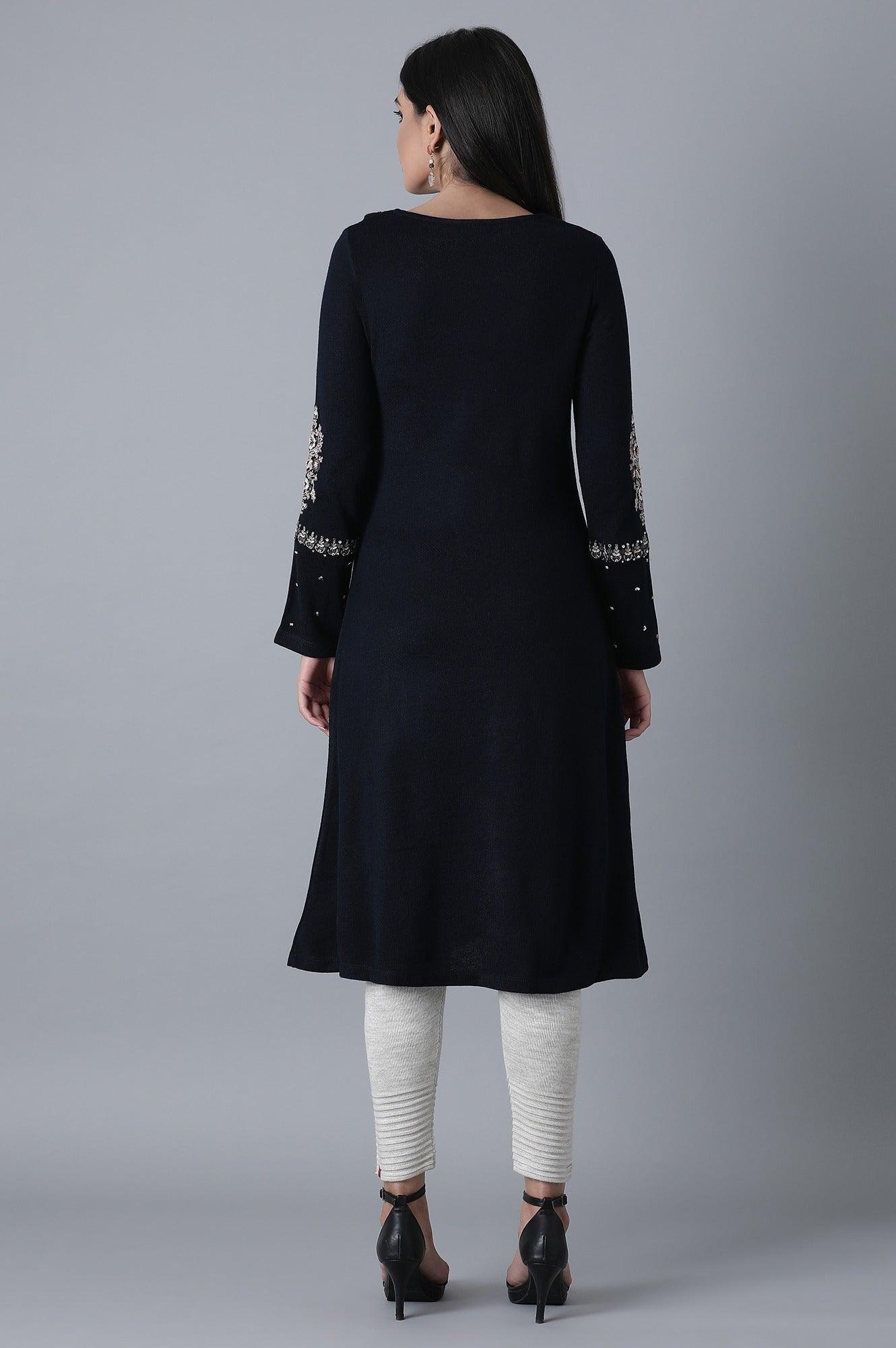 Navy Blue A-Line Winter kurta - wforwoman