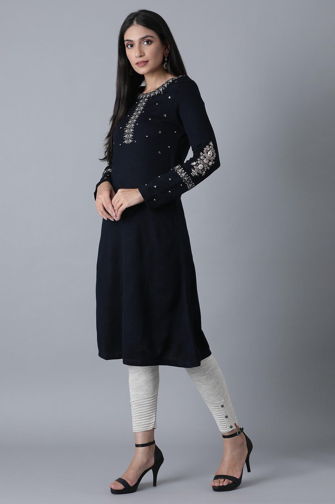 Navy Blue A-Line Winter kurta - wforwoman