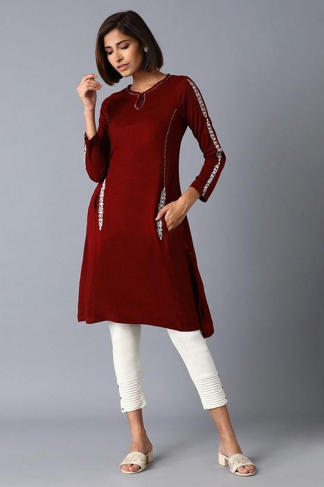 Red FLaredWinter kurta - wforwoman