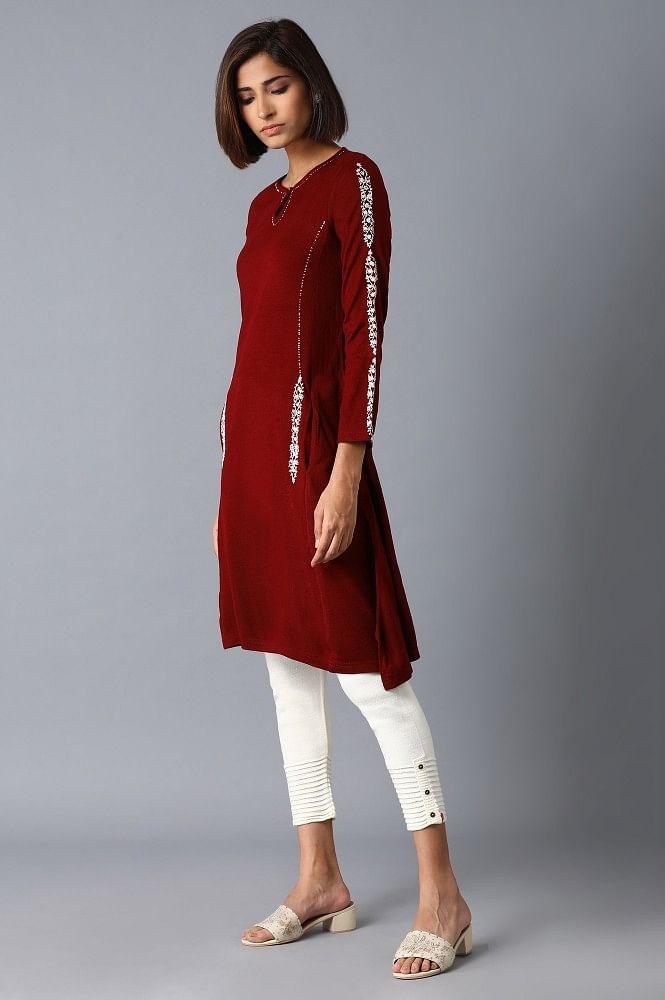 Red FLaredWinter kurta - wforwoman