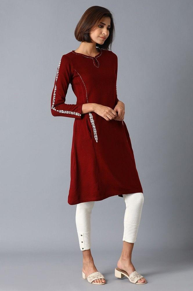 Red FLaredWinter kurta - wforwoman