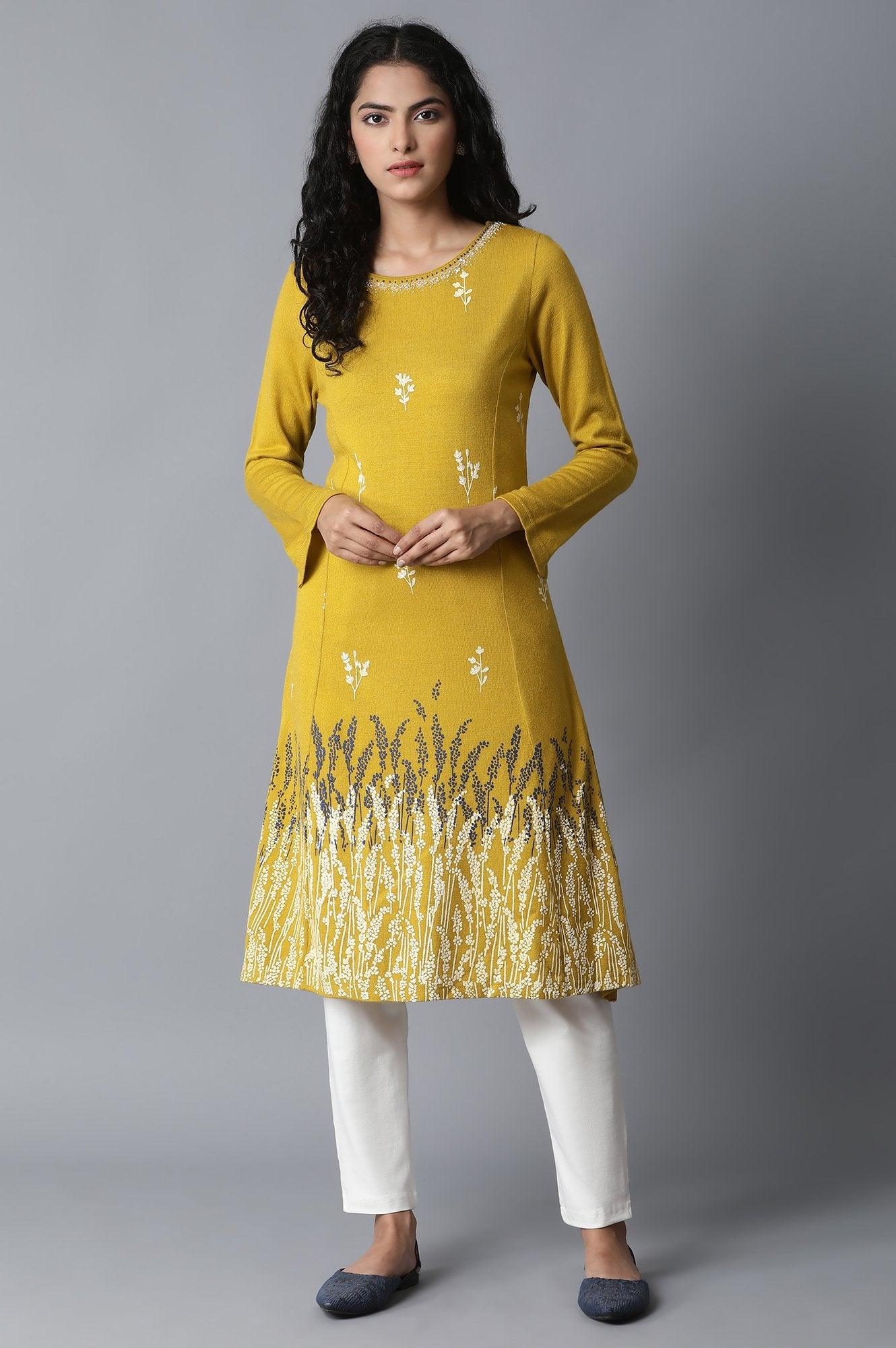 Yellow A-Line Acrylic kurta - wforwoman