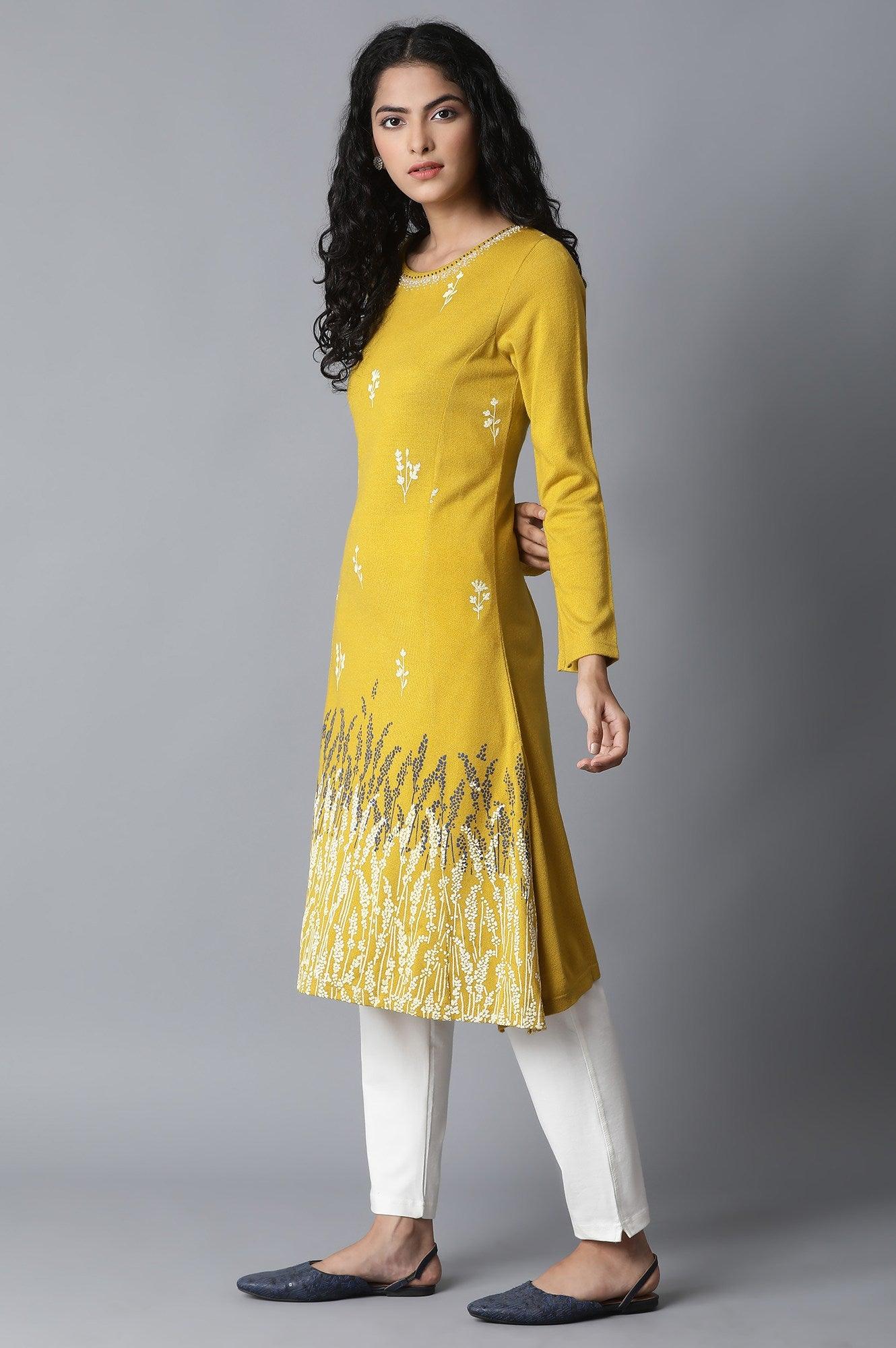 Yellow A-Line Acrylic kurta - wforwoman