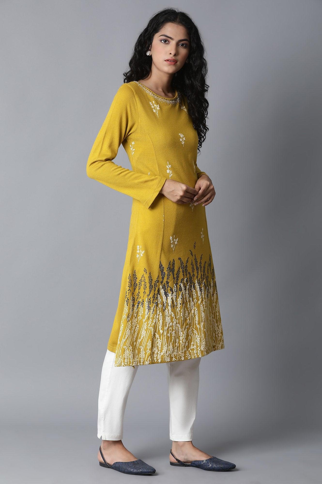 Yellow A-Line Acrylic kurta - wforwoman