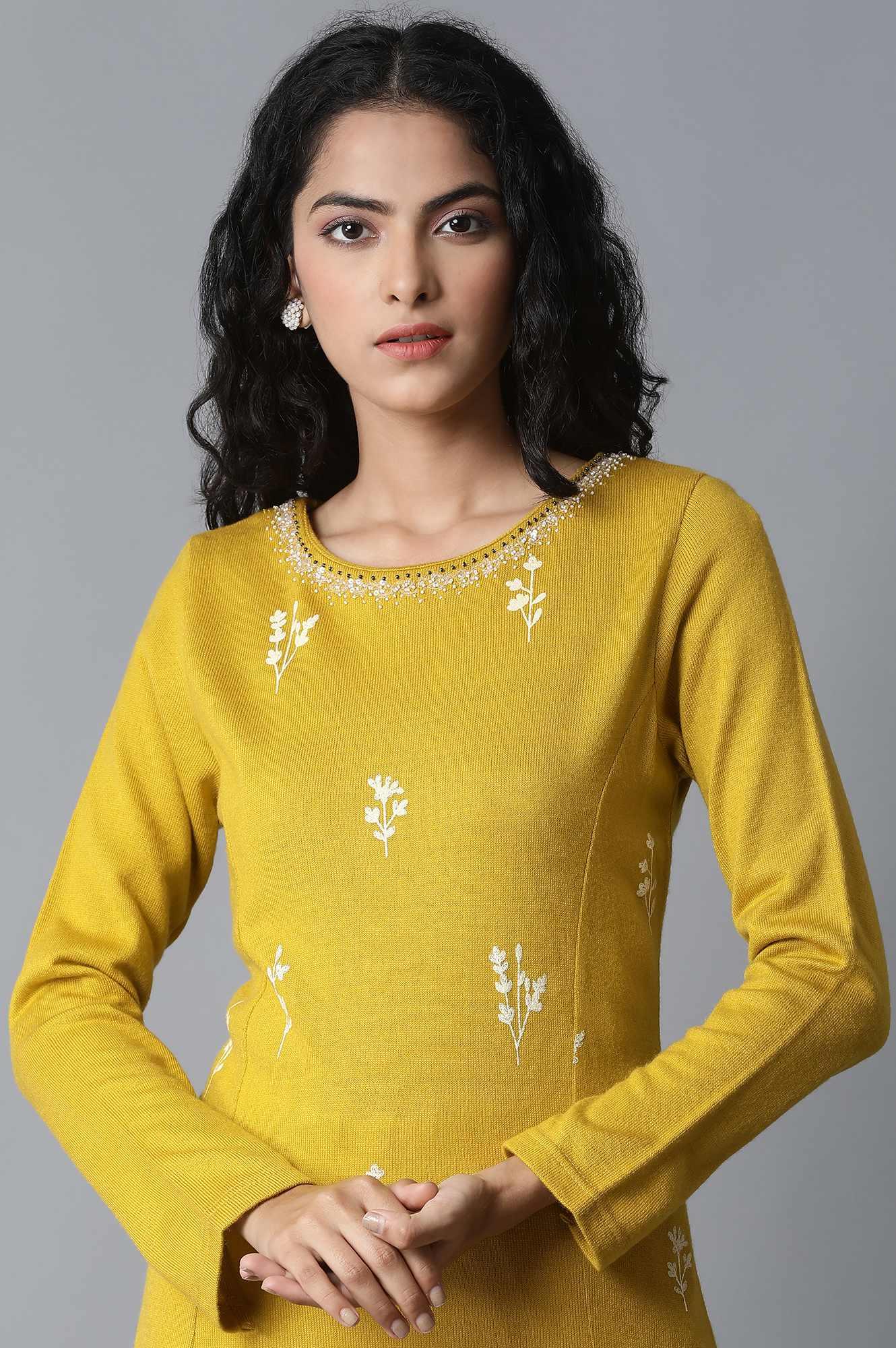 Yellow A-Line Acrylic kurta - wforwoman