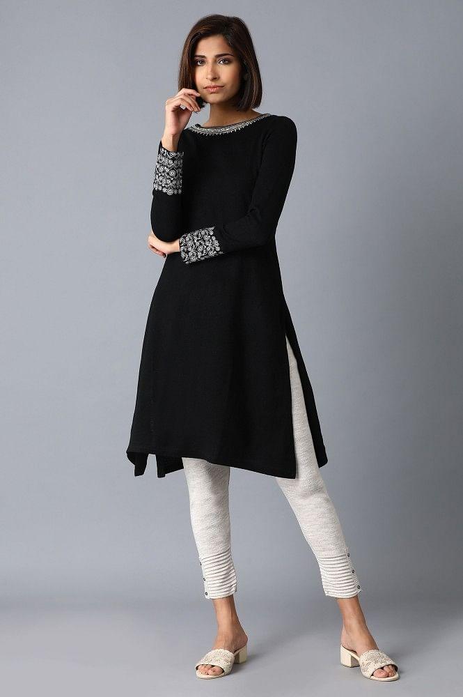 Black Solid Straight kurta - wforwoman