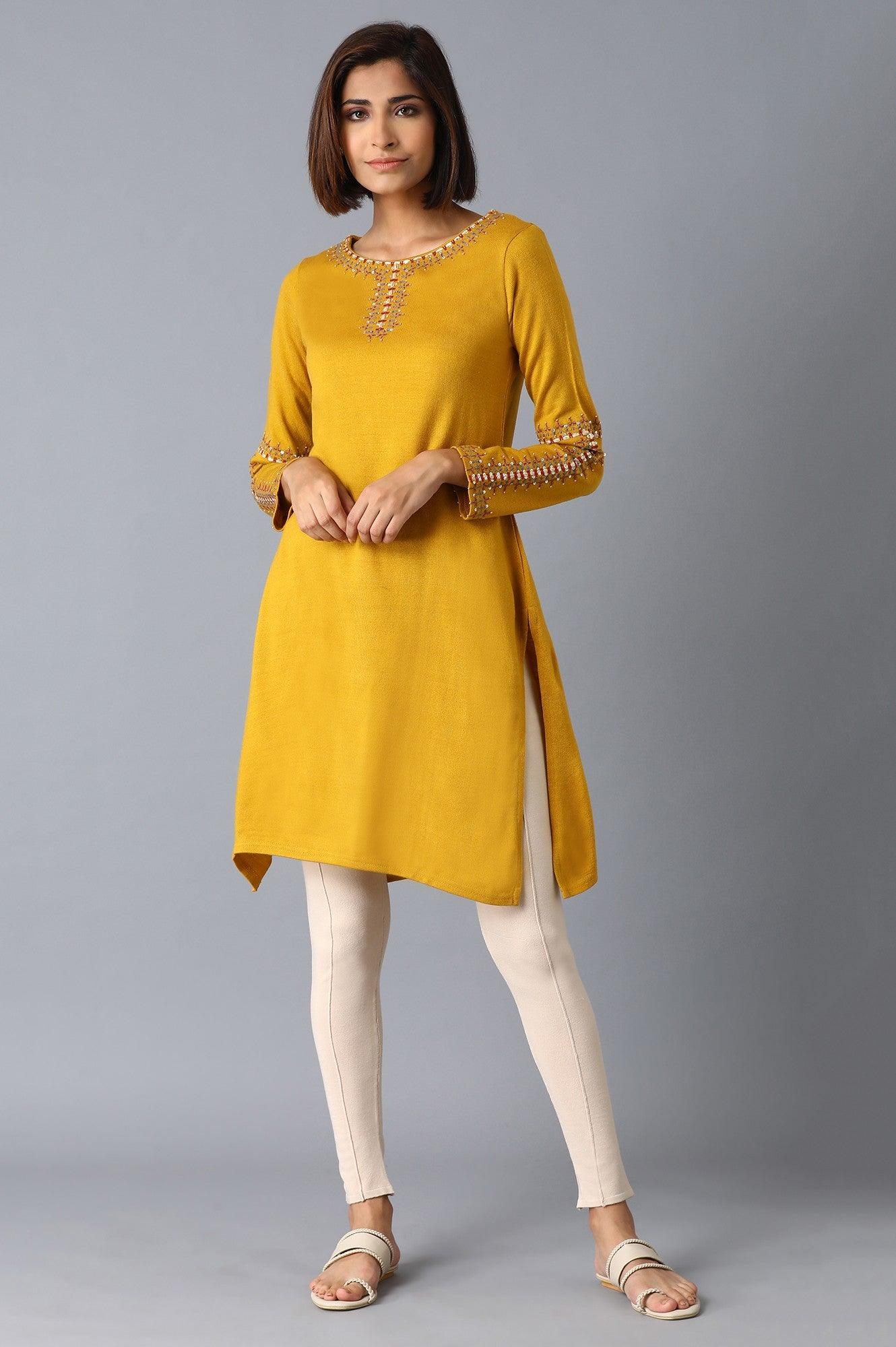 Mustard Yellow Solid Acrylic kurta - wforwoman