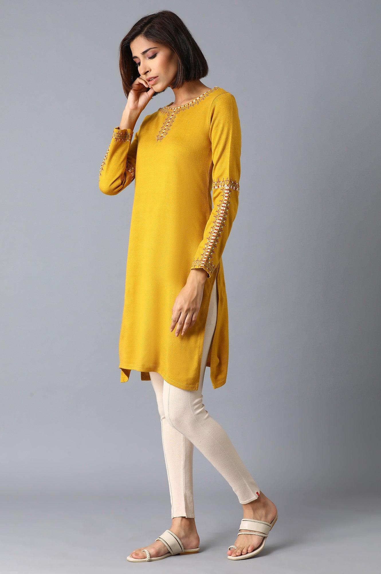 Mustard Yellow Solid Acrylic kurta - wforwoman