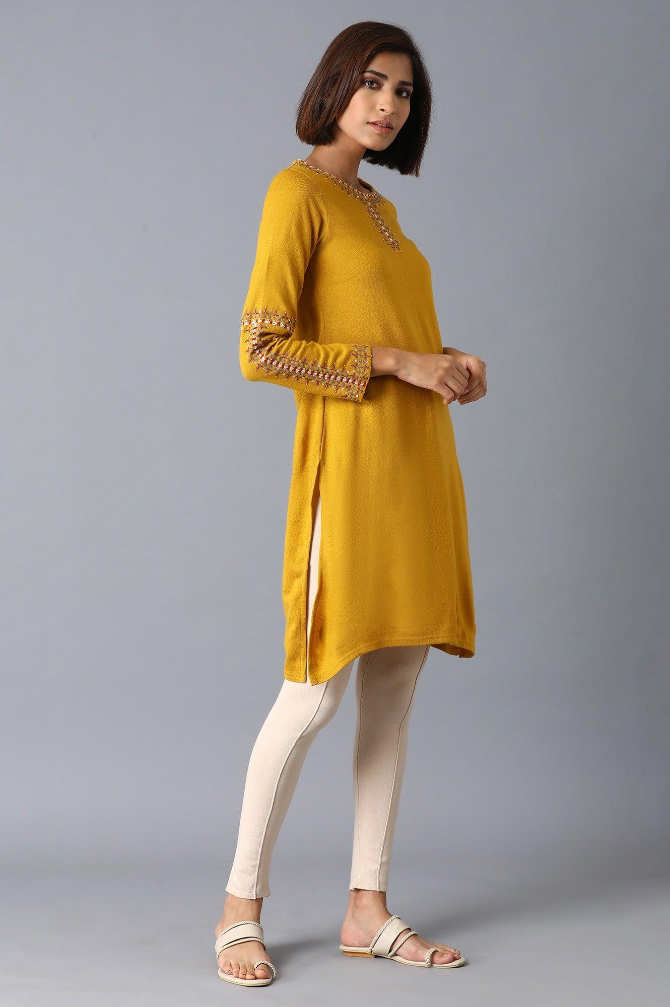 Mustard Yellow Solid Acrylic kurta - wforwoman