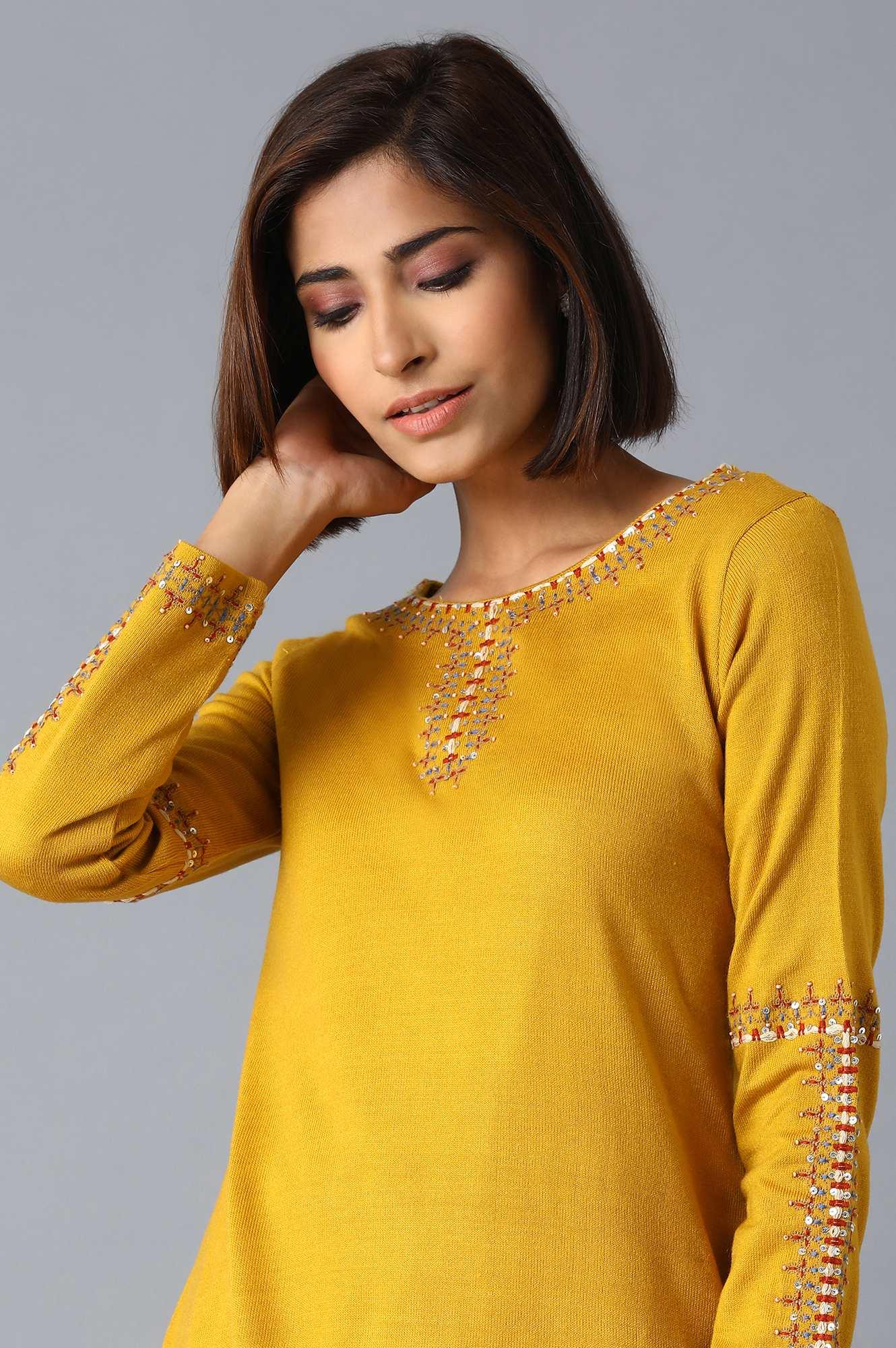 Mustard Yellow Solid Acrylic kurta - wforwoman