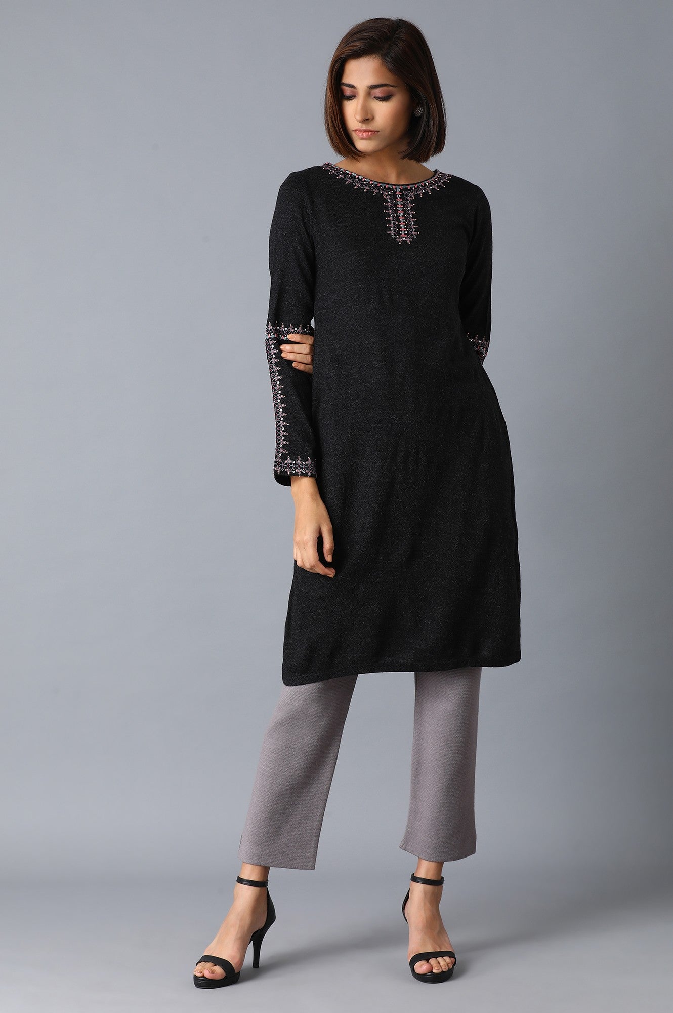 Grey Solid Winter kurta - wforwoman