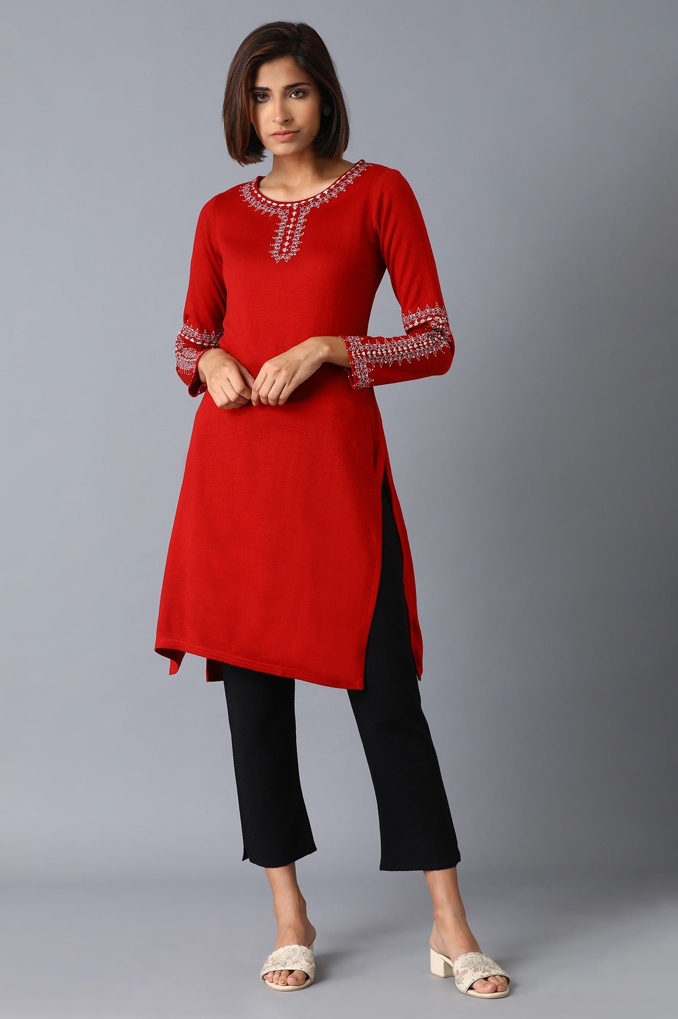 Dark Red Solid Winter kurta - wforwoman