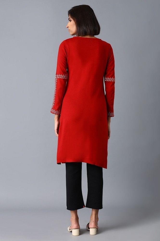 Dark Red Solid Winter kurta - wforwoman