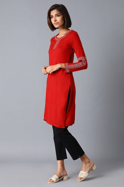 Dark Red Solid Winter kurta - wforwoman