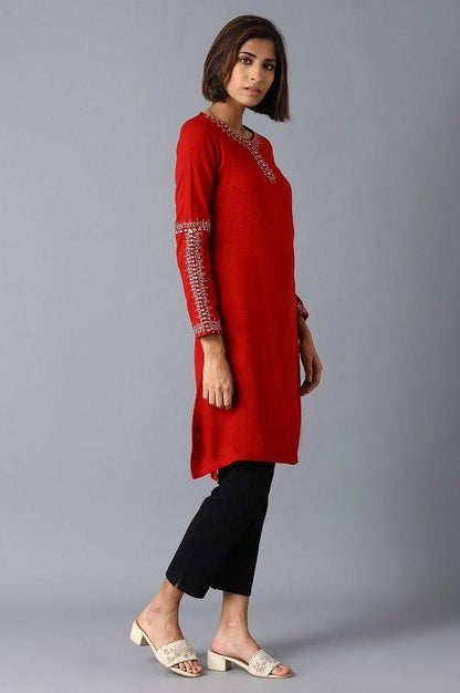 Dark Red Solid Winter kurta - wforwoman