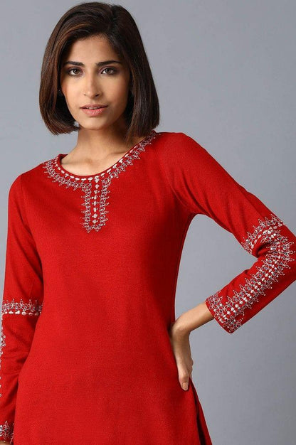 Dark Red Solid Winter kurta - wforwoman