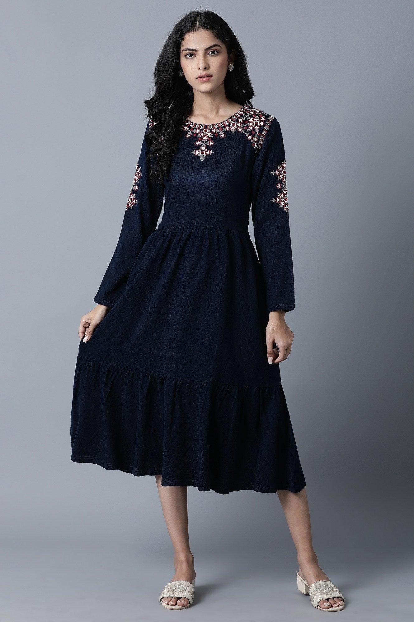 Navy Round Neck Gathered Dress - wforwoman