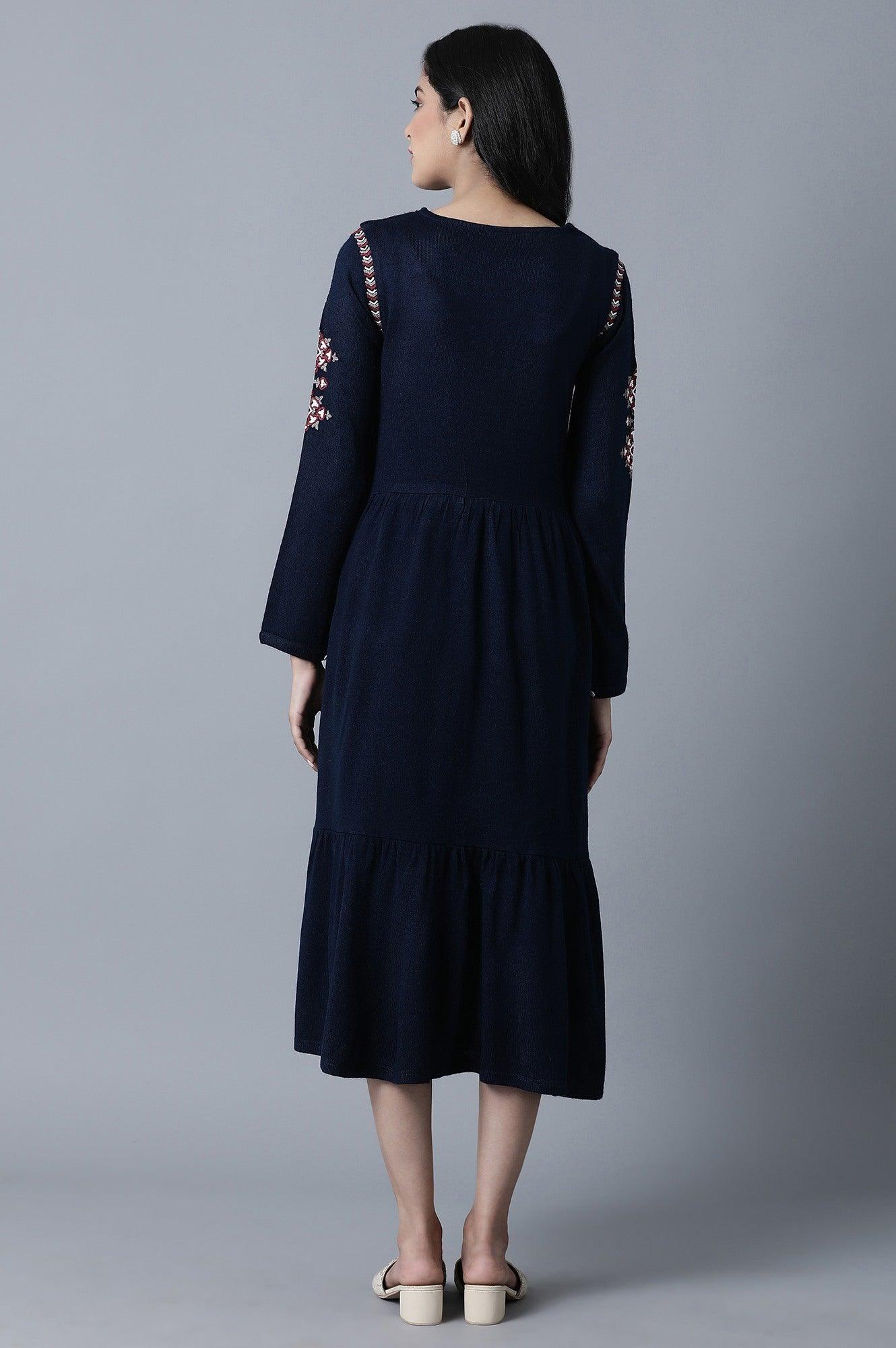 Navy Round Neck Gathered Dress - wforwoman