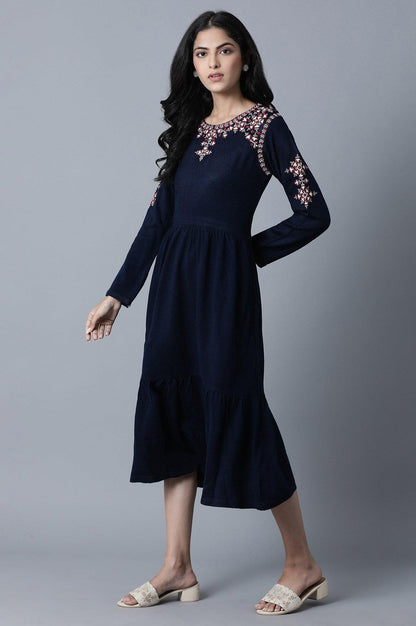 Navy Round Neck Gathered Dress - wforwoman