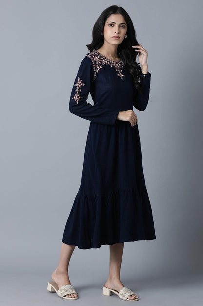 Navy Round Neck Gathered Dress - wforwoman