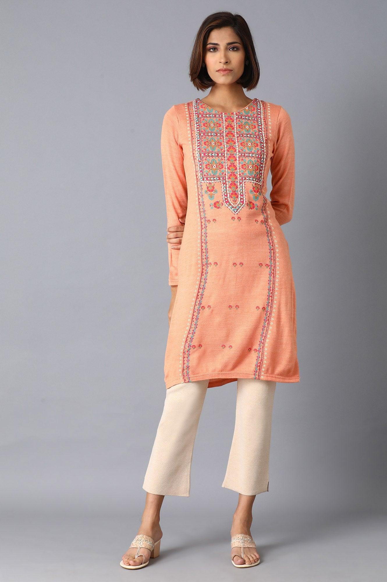 Peach Printed Acrylic A-Line kurta - wforwoman