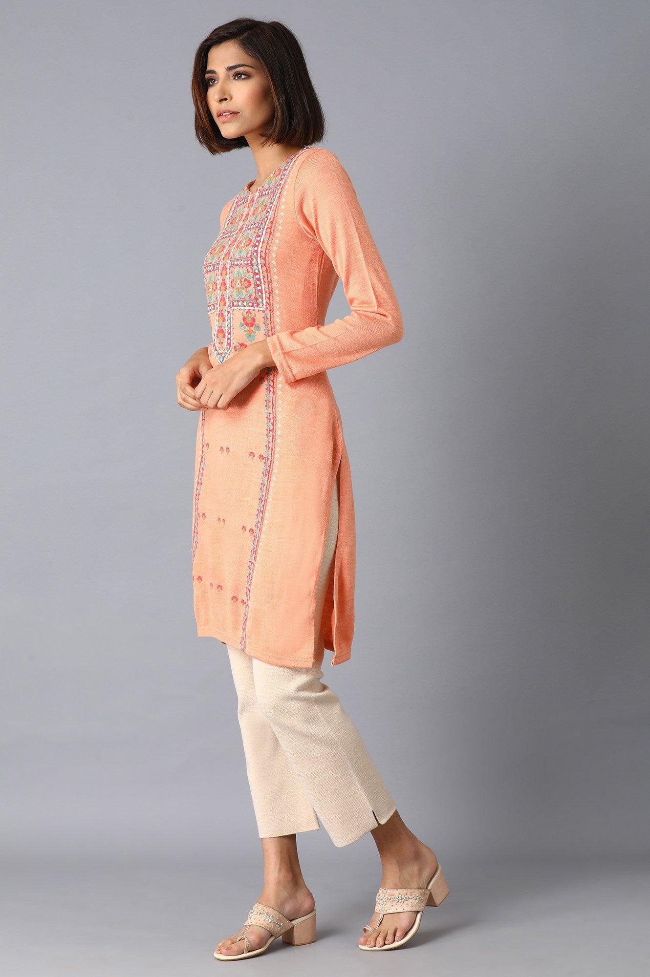 Peach Printed Acrylic A-Line kurta - wforwoman