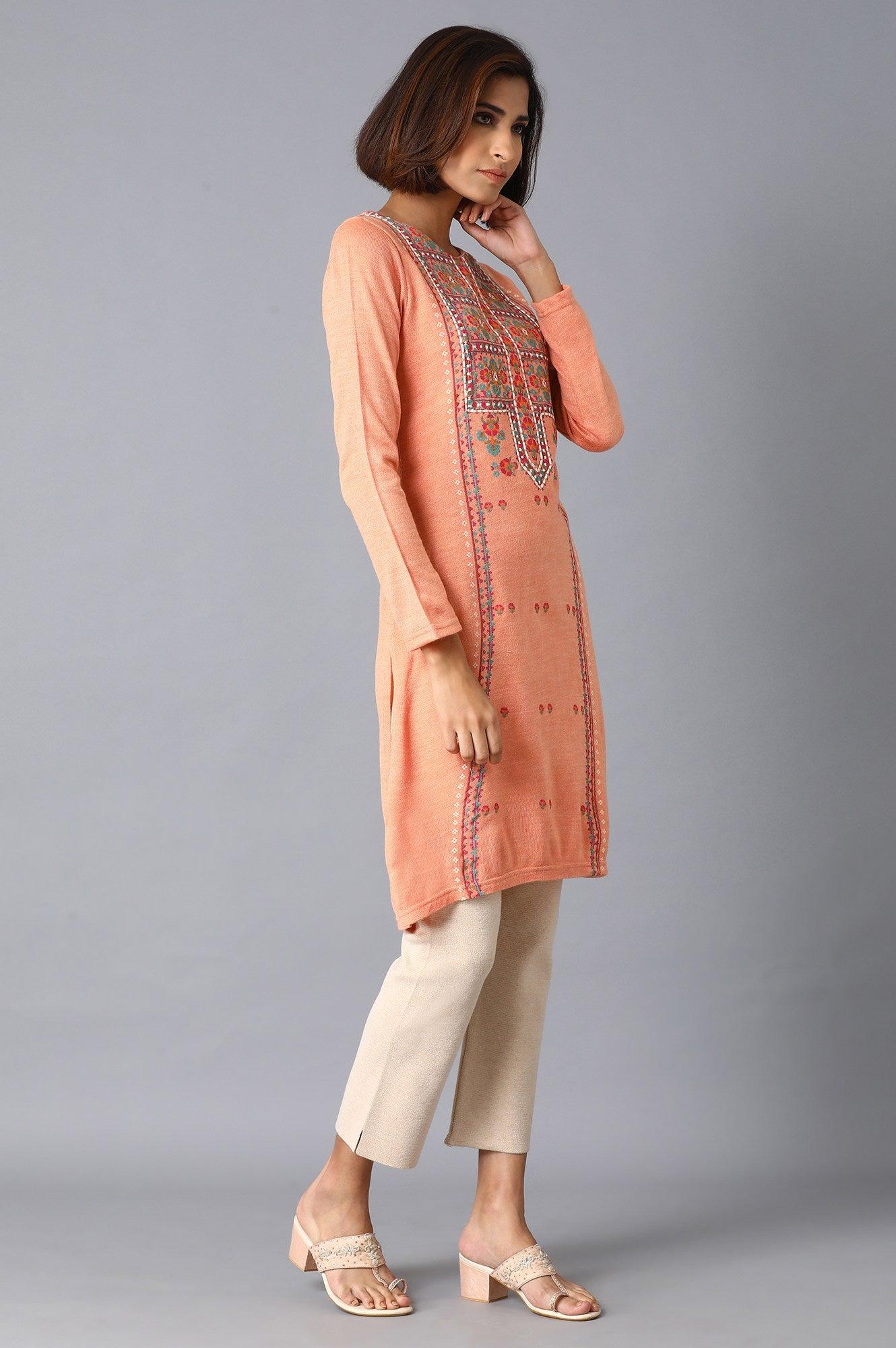 Peach Printed Acrylic A-Line kurta - wforwoman