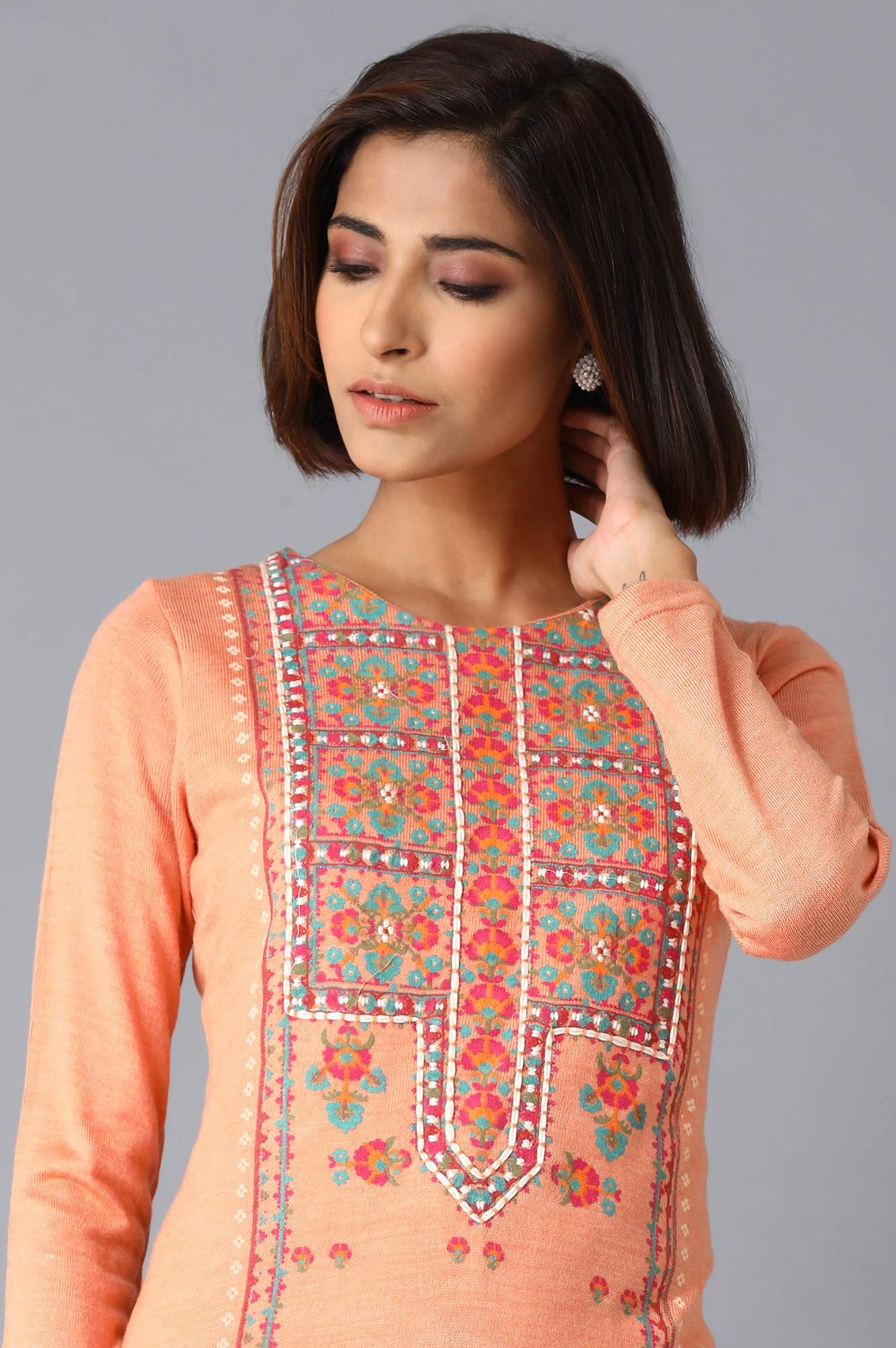 Peach Printed Acrylic A-Line kurta - wforwoman