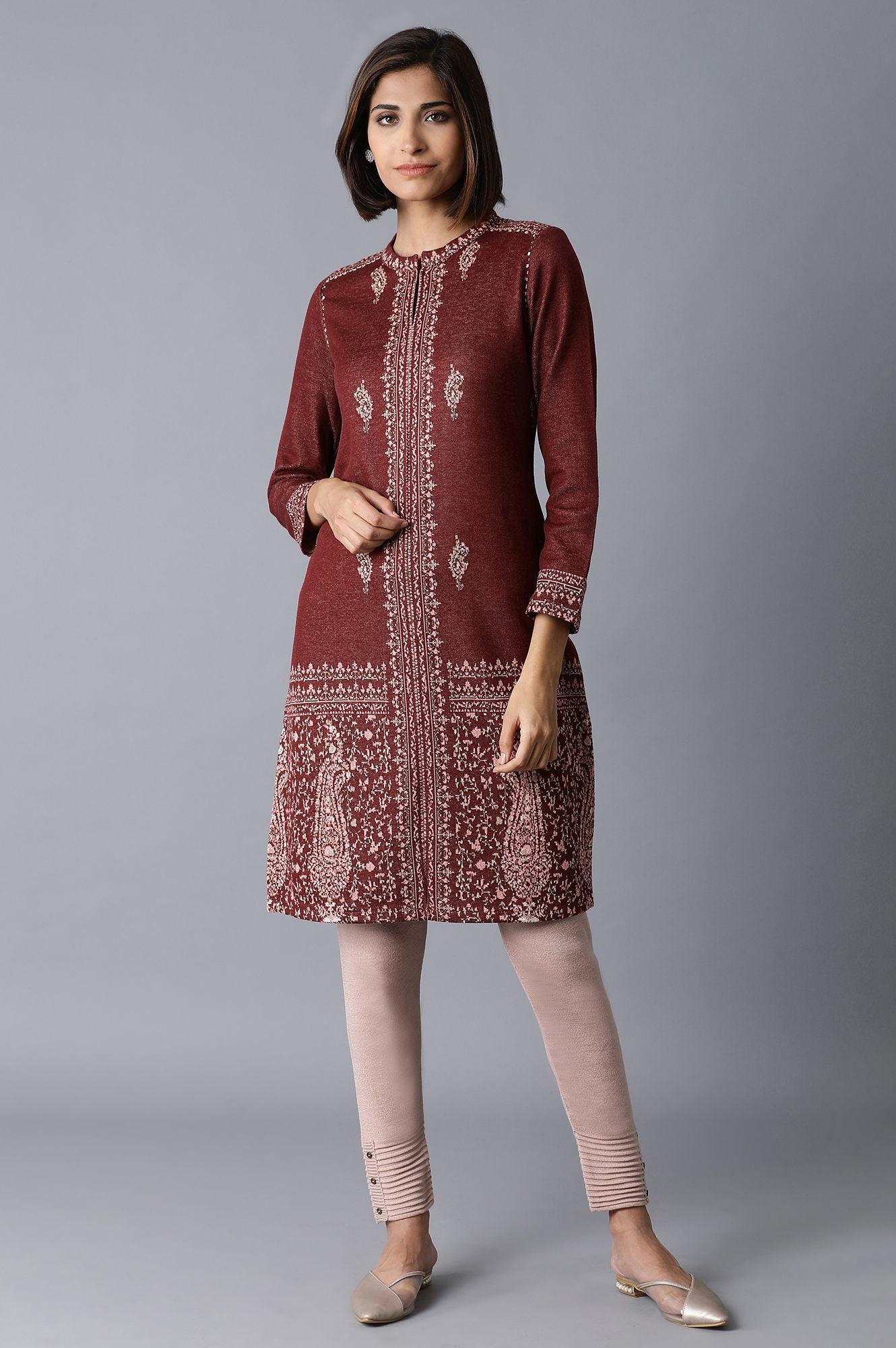 Maroon Placement Jacquard kurta - wforwoman