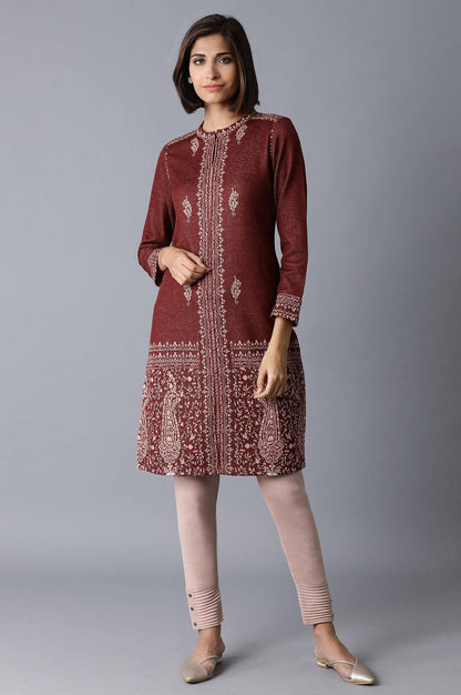 Maroon Placement Jacquard kurta - wforwoman