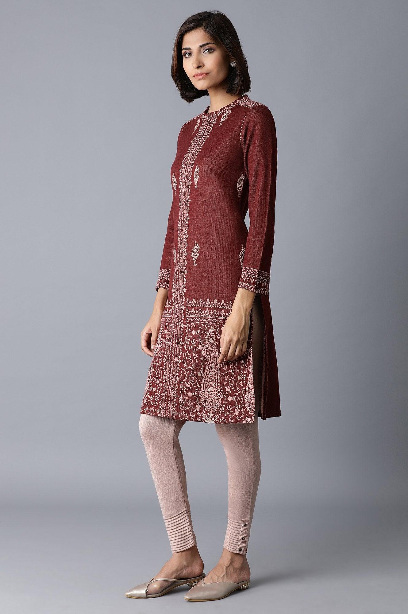 Maroon Placement Jacquard kurta - wforwoman